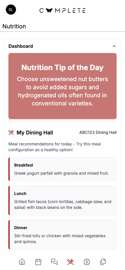 Nutrition feature interface showing meal planning and dietary tracking