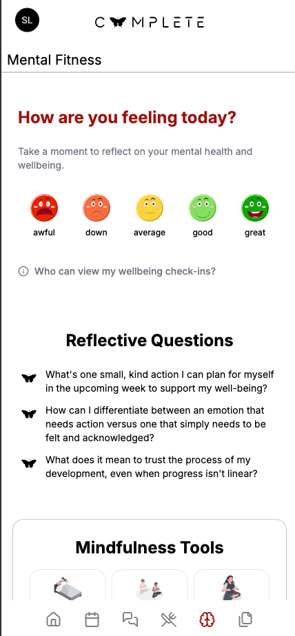 Mental Fitness feature interface showing health metrics and tracking