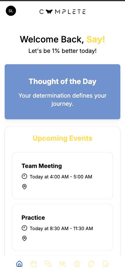 Complete dashboard showing team meeting and practice schedule